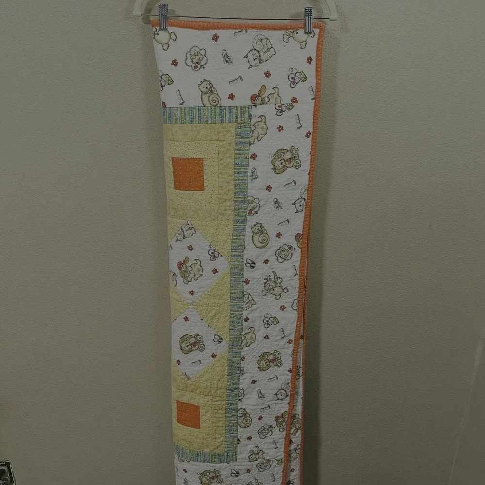 Vintage Flannel Baby Quilt Blanket Handmade Cats Dogs White Yellow Unisex  48x56